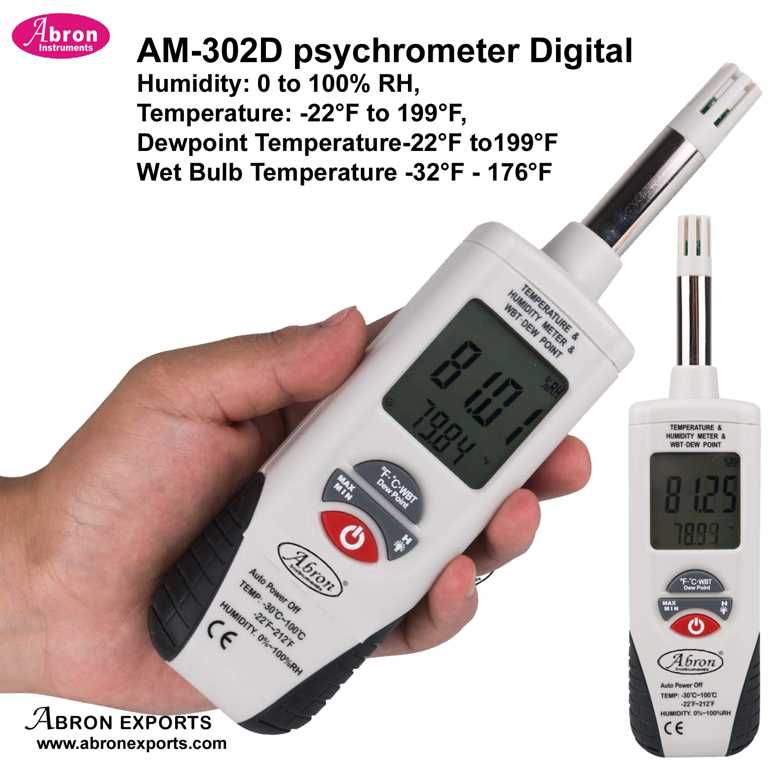 Psychrometer Digital Hygrometer Thermometer Wetand dry Conditions humidity 0-100 percentage -RH  -22Fto199F Dewpoint  Temperature -22Fto199F -32F - 176F  meteorology Abron AM-301D